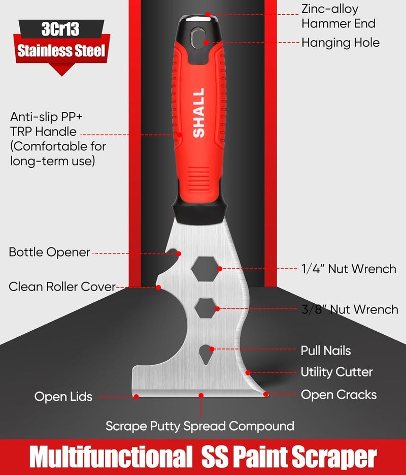 SHALL Drywall Tool Kit, 7 Pcs Stainless Steel Set Includes Putty Knife, Taping Knife, Painter Scraper Tool & 12" Mud Pan for Joint Taping, Finishing, Patching - Image 5